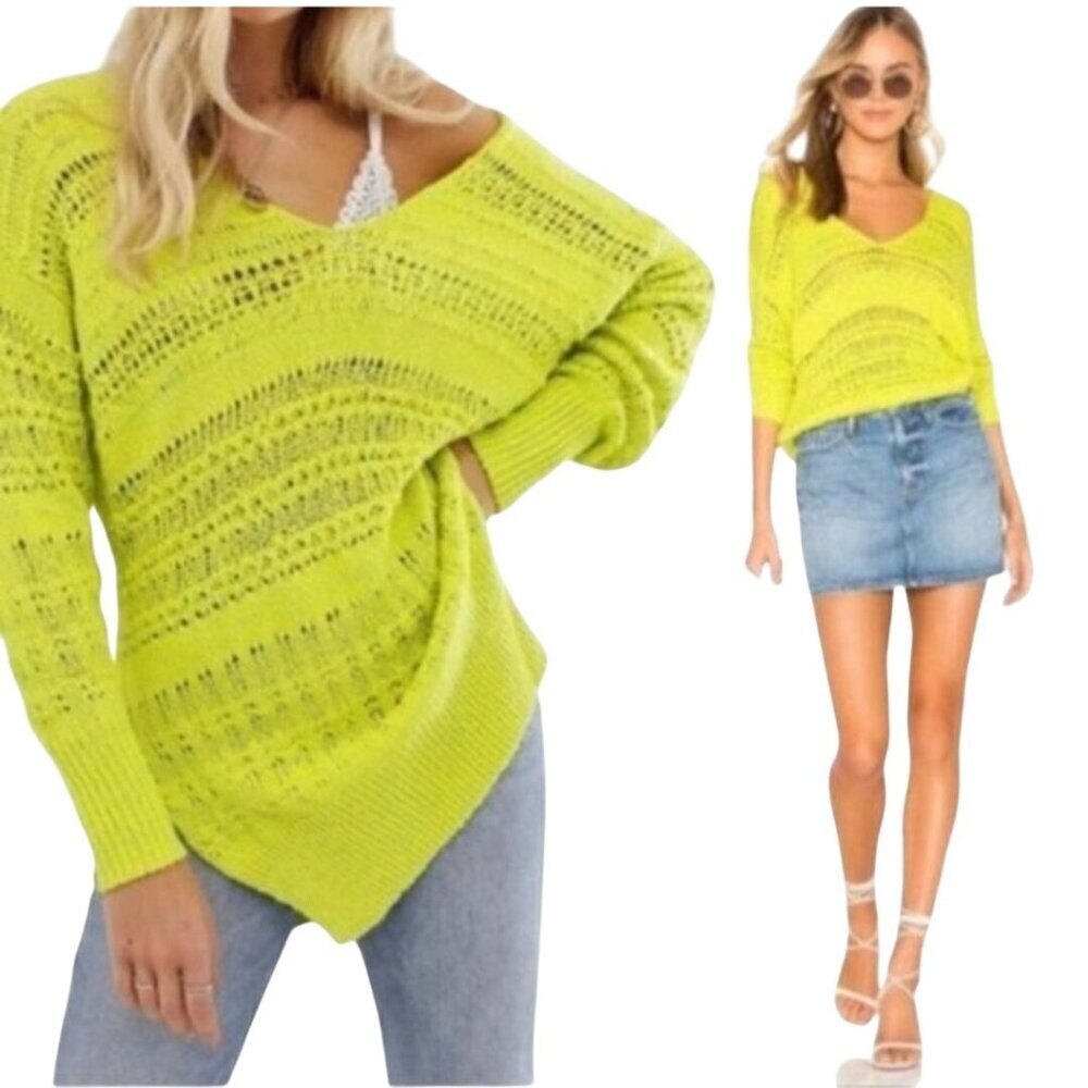 Free People Hot Tropics V-neck Open Knit Tunic Sweater Limelight Combo Size M